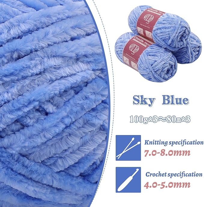 LUNARM Chenille Yarn for Crocheting Knitting, 3 Skein 263 Yard Thick Soft Chunky Fluffy Weaving Plush Yarn for Blankets Clothes Pattern Creations with Big Eye Needles (Sky Blue)
