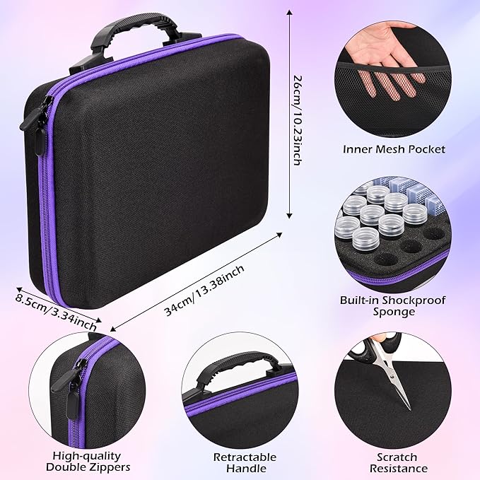 MERATIA Diamond Painting Storage Container, Diamond Art Kits for Adults Stackable Bead Organizer with Carrying Handle, Craft Storage Box with Accessories (Purple-10 Square+30 Round Bottles)