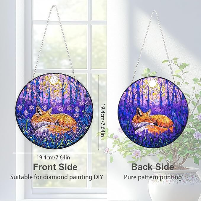 TOSTOG Fox Diamond Art Hanging Kits for Adults, Purple Jungle Diamond Painting for Adults Window Pendant, Special Shape Diamonds Diamond Painting Hanging Pendant Kit for Wall Home Decor Gift
