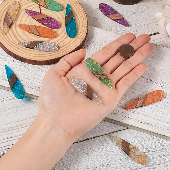 Beadthoven Transparent Teardrop Big Pendants for Jewelry Making, 12Pcs/6 Pairs Resin Wood Charms Glittery Crystal Pendants for Women Wood Earrings Necklace Bookmarks Making DIY Crafts Supplies