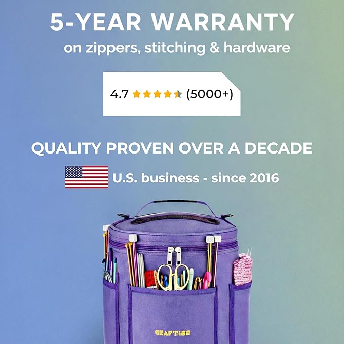 CRAFTISS Knitting Bag Yarn Storage - Gift for Crocheters - Durable Canvas Yarn Holder for Crochet Accessories - Organizer Crochet Bag with Knitting Accessories Case (Purple)