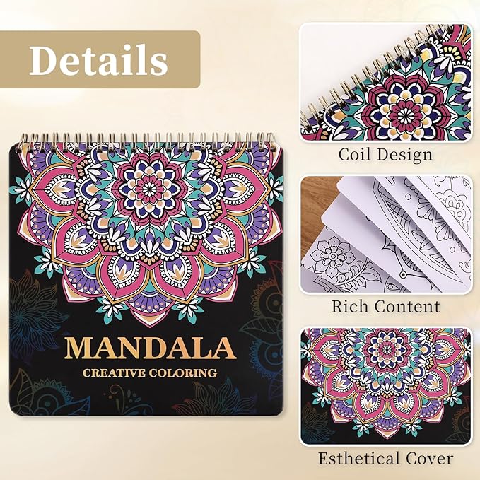 Mandala Coloring Book for Adults Relaxation and Teens Stress Relief, Spiral Coloring Book for Women, Hard Cover Spiral Bound Mindfulness Stress-Free Patterns for Adult to Relax Relieve Anxiety Gifts
