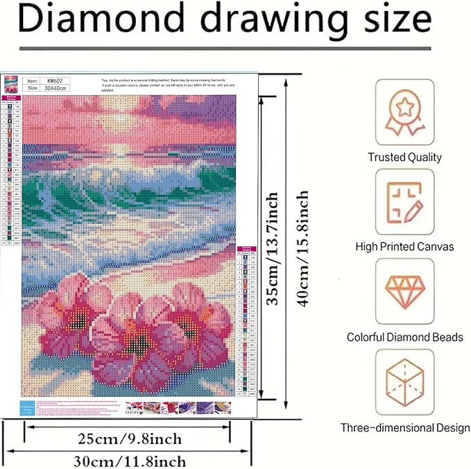 BYGFHLYW 5D Diamond Art Kits for Adults, Beach Flower Diamond Painting Kits for Adults Beginner, Full Drill Round Paint by Diamonds Dot Gem Art for Home Wall Decor 12x16inch