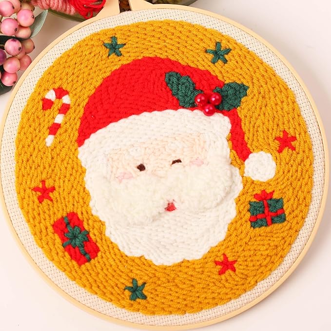 harimau 3pcs beginner embroidery kit,christmas pattern,punch needle kits, including stamped embroidery cloth with 3 embroidery hoops, multicolor color threads for embroidery kit