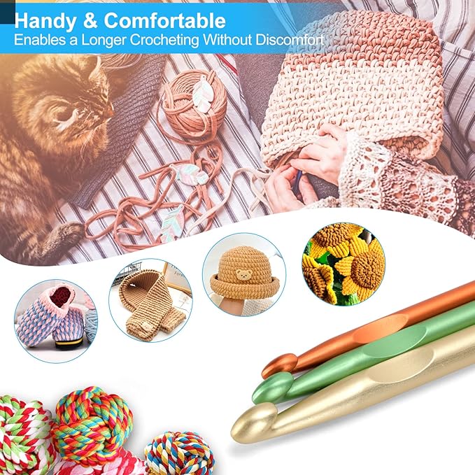 vodiye 3 sizes large crochet hooks 10-15mm, ergonomic crochet hook set, colorful metal hooks for chunky yarn and diy crafts
