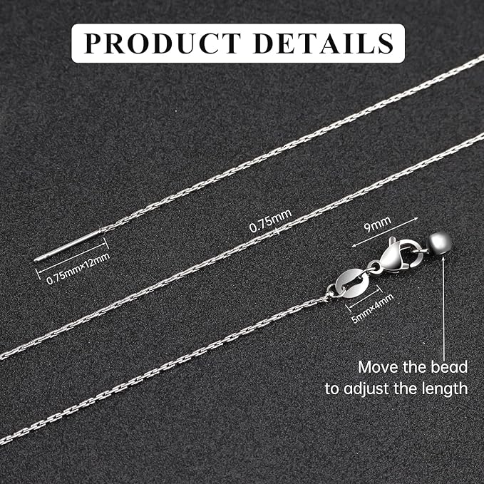 GTVOODX 10Pcs Adjustable Necklace Chains Silver Stainless Steel 0.75mm Rectangle Cable Chain Bulk with Lobster Clasps for DIY Jewelry Making