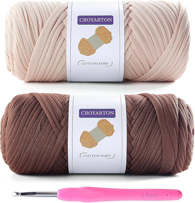 2 Pack T Shirt Yarn for Crocheting with 1 Crochet Hook, Elastic Tshirt Yarn for Crochet Bag/Baskets/Home Decor, Spaghetti Yarn Thick Knitting Yarn Total Length 130 Yds (Beige+Coffee Color)