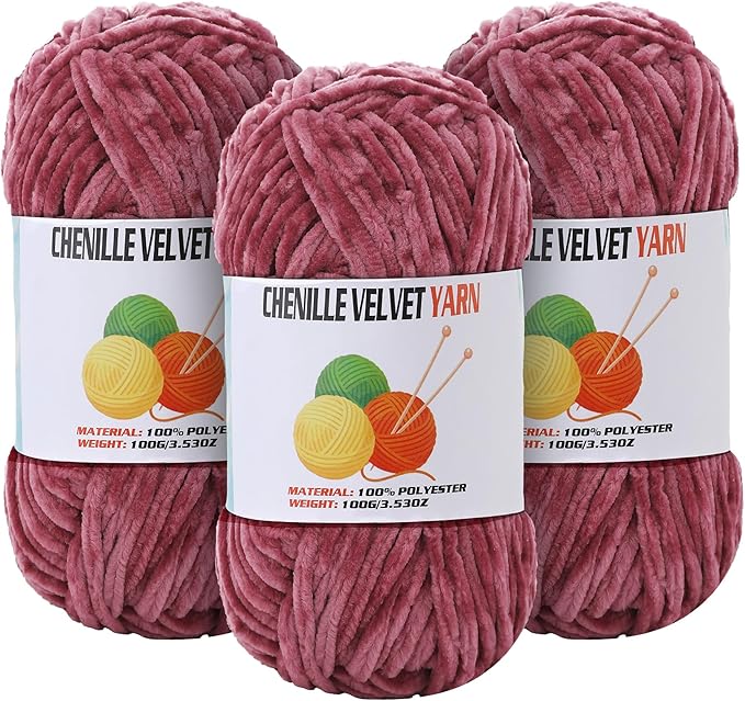 3 * 100g Velvet Chenille Chunky Yarn for Crocheting, Handcrafts Weaving Soft Chenille Yarn for Crocheting Clearance, Used for Making Baby Yarns Blanket, Clothes, Knitting Creations (Pomegranate)