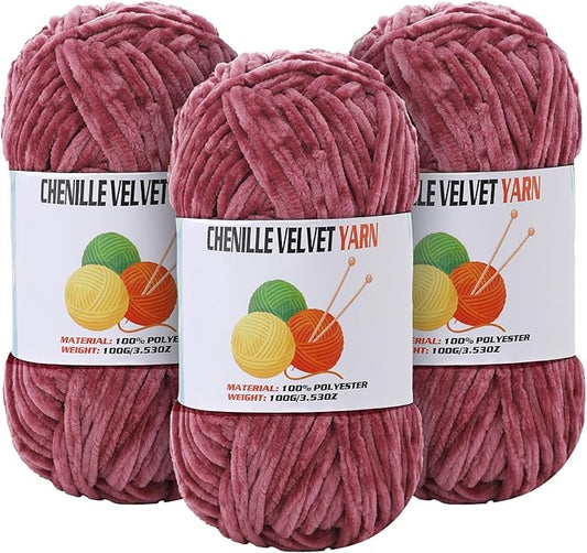 3 * 100g Velvet Chenille Chunky Yarn for Crocheting, Handcrafts Weaving Soft Chenille Yarn for Crocheting Clearance, Used for Making Baby Yarns Blanket, Clothes, Knitting Creations (Pomegranate)