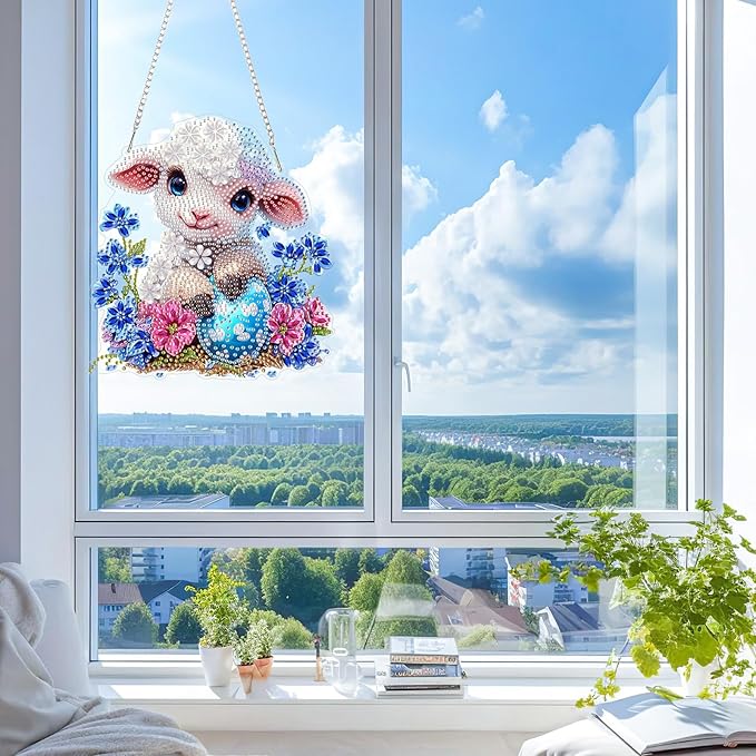 KEYIFA Lamb Hanging Diamond Art Painting Kits for Adults and Kids Age 8-12, 5D Special Shape Diamond Dots Kit Easter Crystal Gem Painting Art Crafts for Window, Wall, Door, Garden Decor