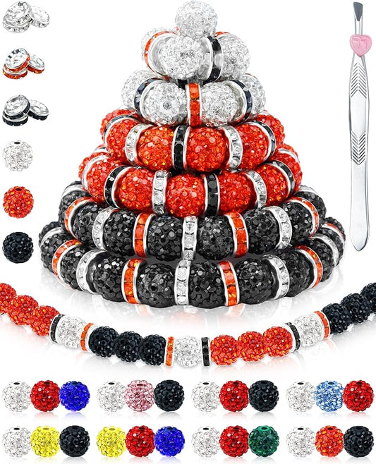 180pcs fiveizero 10mm rhinestone beads for jewelry making – sparkly round crystal clay beads & spacers in baseball team colors for bracelets, necklaces & diy crafts (black white orange)