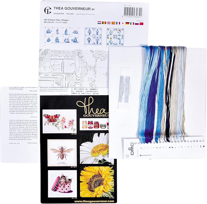 Thea Gouverneur - Counted Cross Stitch Kit - Antique Tiles Villages - Aida - 18 Count - Embroidery Kit for Adults - DMC Embroidery Threads and Other Cross Stitch Supplies Included - 484A