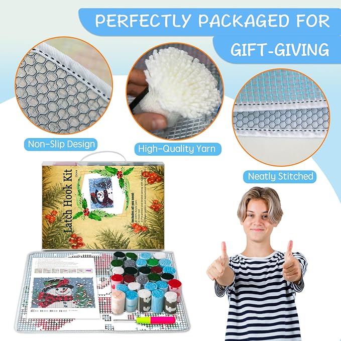 ZFFLYH Christmas Snowman Latch Hook Rug Kits, DIY Rug Crochet Yarn Kits Printed Color Canvas Christmas Decoration and Activity 20.5X15 Inch