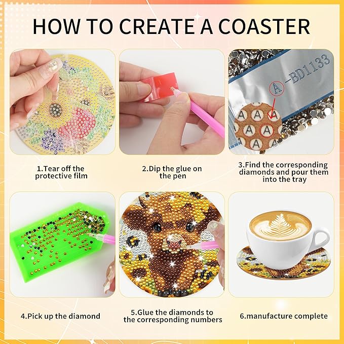 Cow Diamond Art Coasters Kits, 8 Pcs Highland Cow Diamond Painting Coaster with Cork Pads and Holder, Cute Animal Gem Art Kits for Adults Beginners DIY Crafts Home Decor