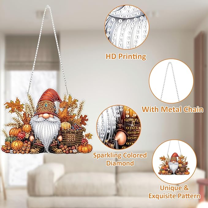 SENQAO Gnome Diamond Art Hanging Kits for Adults Kids, Acrylic Diamonds Painting Pendant Board Kits Thanksgiving, Diamond Art Painting Window Pendants Home Garden Wall Hanging Kits Hanging Ornament