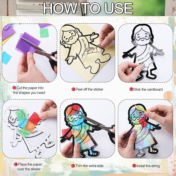 Motipuns 32 Sets Easter Jesus Ornaments Craft Kit, Religious Christian DIY Jesus Loves You Suncatchers Gift Stained Glass Effect with Tissue Paper Window Art for Sunday School Church VBS Decor