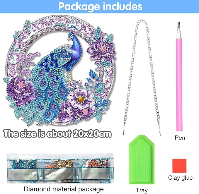 Reofrey Hanging Diamond Art Kits for Adults - 8x8 Inch Peacock Animal Acrylic Board Double Sided Pattern Diamond Art Suncatcher Pendant, DIY Crystal Art for Home Wall Window Decoration Handmade Gift
