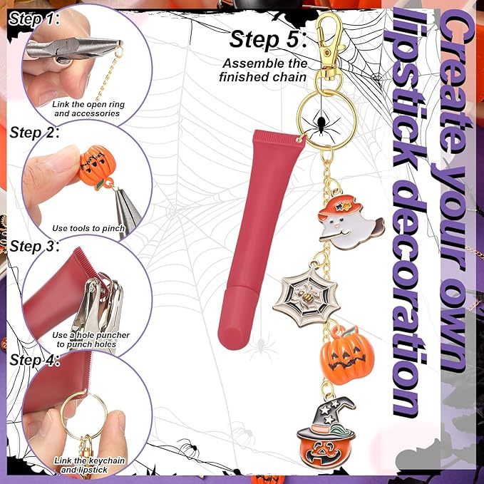 VioraWhite 213 Pcs Halloween Theme Lip Gloss Keychain Making Kit 100 Pink Enamel Charms 32.81 ft Gold Chains for DIY Crafts Women