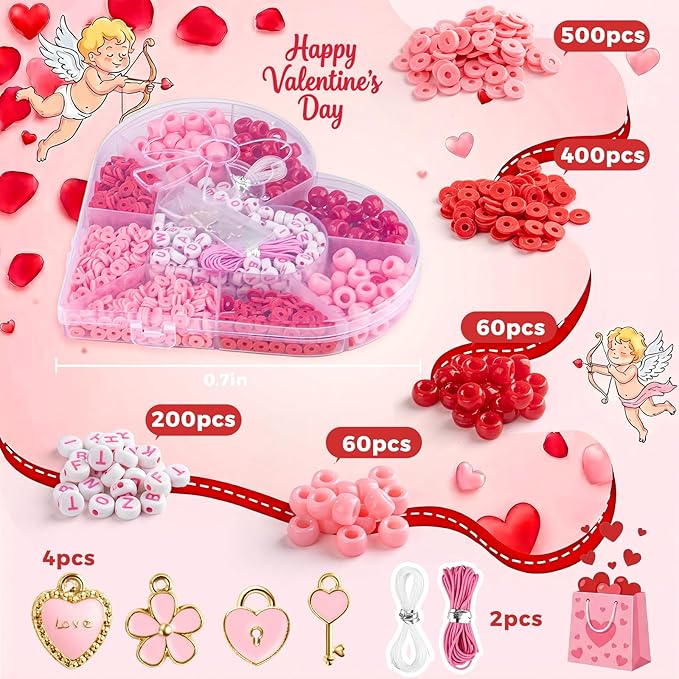 Taybonds Valentine's Day Bracelet Making Kit – Heart-Shaped Bead Box with Red & Pink Pony & Clay Beads, Letter Beads, Charms & Elastic Cord, Valentine Jewelry Gift Set