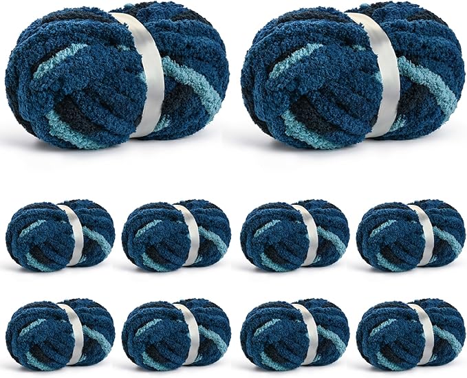 10 Pack Jumbo Chunky Yarn for Hand Knitting, Fluffy Chunky Chenille Yarn for Crocheting, Variegated Chunky Knit Baby Blanket Yarn, 240 yds /70.5 oz Super Bulky Yarn（Tie Dye Blue）