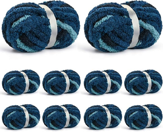 10 Pack Jumbo Chunky Yarn for Hand Knitting, Fluffy Chunky Chenille Yarn for Crocheting, Variegated Chunky Knit Baby Blanket Yarn, 240 yds /70.5 oz Super Bulky Yarn（Tie Dye Blue）