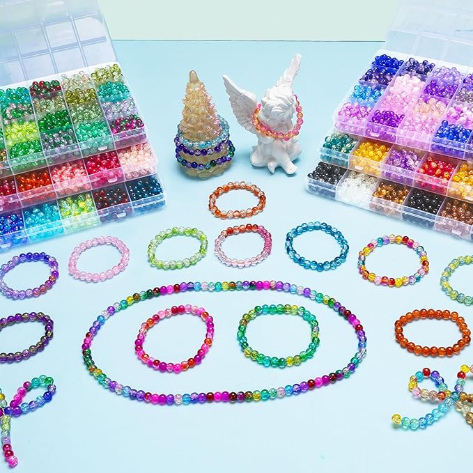 XSEINO About 7200pcs 144 Colors 6mm Crackle Glass Beads Bracelet Making Kit,6Box Different Style Crack Series Colorful Crystal Beads for Bracelet Jewelry Making,DIY Crafts,Friendship Bracelets