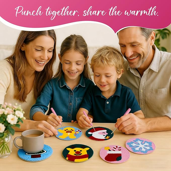 Christmas Punch Needle Kit for Adults Beginners, Easy Punch Embroidery Coaster Starter Set with Instruction – Fun Mug Rug Making Kit for Table Decor & Festival DIY Gifts