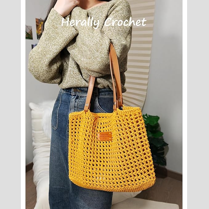 Herally Crochet Kit DIY Bag for Beginners - Include Yarn, Hook and Accessory - with Step by Step Video Tutorials - Crochet Tote Bag (Yellow)
