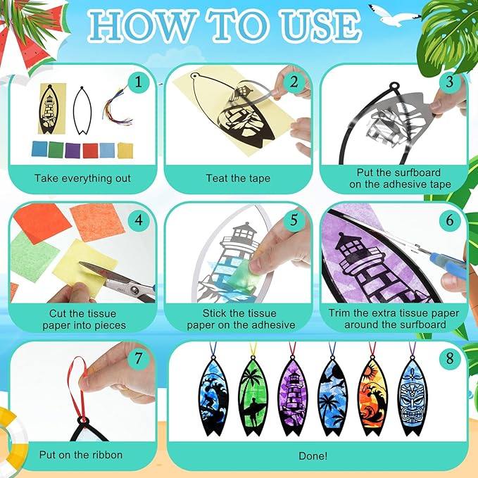 30 Pcs Beach Surfboard Suncatchers Paper Craft Set Sea Ocean Beach Surfboard DIY Stained Glass Effect Tissue Paper Kits Gift Bulk for Summer Activities Art Party Decor