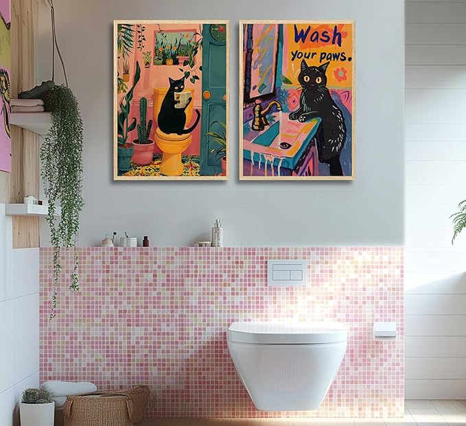 2Pcs Paint by Number Kit 16x20inch Adorable Black Cat Bathroom Scenes Set, DIY Painting for Adults Kids, Ideal Home Decor and Relaxing Art Activity