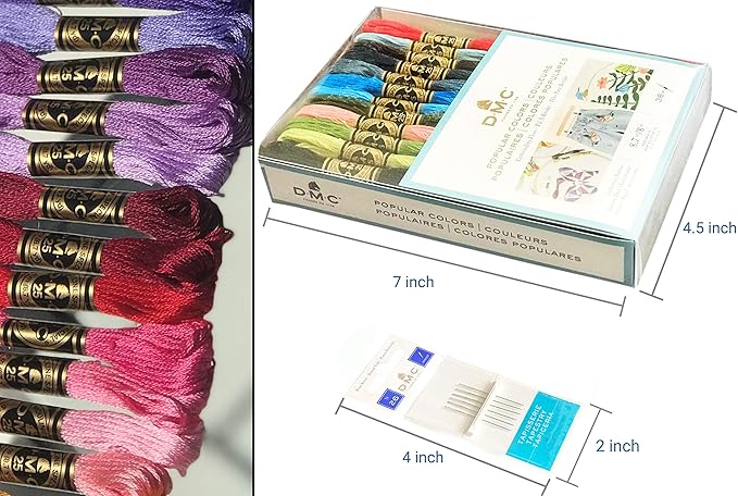 DMC Embroidery Floss Pack Popular Colors, Embroidery Thread Kit Include 36 Assorted Color Bundle with DMC Mouline Cotton White/Black and Cross Stitch Hand Needles Size 26.