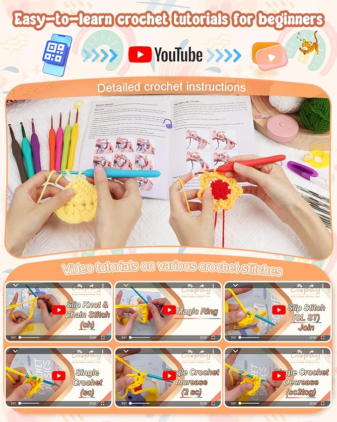 coopay crochet kit beginners crochet hook set with crochet yarn,58pcs portable crochet set ergonomic crochet hooks travel knitting crochet supplies