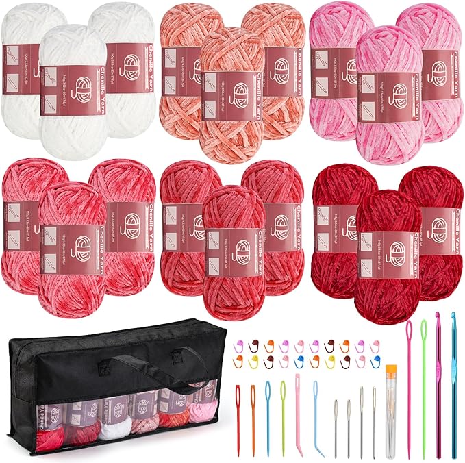 LUNARM 18 Skeins Chenille Yarn for Crocheting, Handmake Weaving Thick Soft Chunky Yarn for Blankets Clothes Crochet Craft with Crochet Hooks Needles Stitch Markers,3.53oz/Skein(Pink Series)