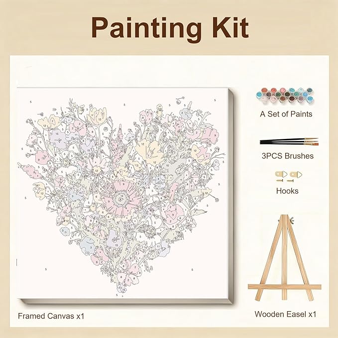 Gemozaic Flowers Paint by Numbers Kit for Adults with Frame and Easel, Heart Shaped Flowers Framed Adults' Paint by Number Kits for Mother's Day Gift,Home, Wall Decor, 8x8 Inch