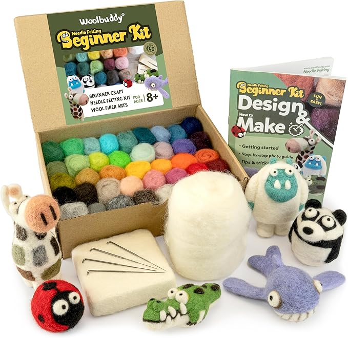 Woolbuddy Needle Felting Starter Kit –Make 6 Cute Characters(Yeti, Giraffe, Panda, Ladybug, Whale, Gator) – Complete Kit for Beginners & Adults with Wool Roving,Felting Needles,Pad & Instruction Guide