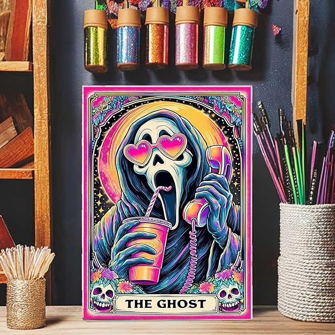 DIYDECORFUN Halloween Ghost Diamond Art Painting Kits for Adults Beginner The Ghost Diamond Art On Canvas,DIY 5D Full Round Drills Skull Painting with Diamonds Gem Art Crafts for Home Decor 12x16 in