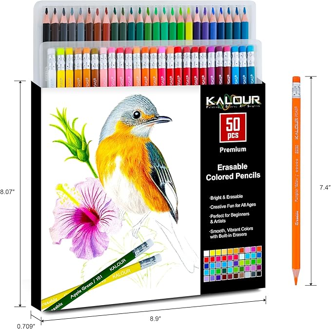 KALOUR 50 Colors Erasable Colored Pencils Set - Easy to Erase, Vibrant and Smooth Coloring Pencils with Erasers - Ideal for Drawing, Sketching, and Coloring Books -Perfect for Adults Beginners Artists