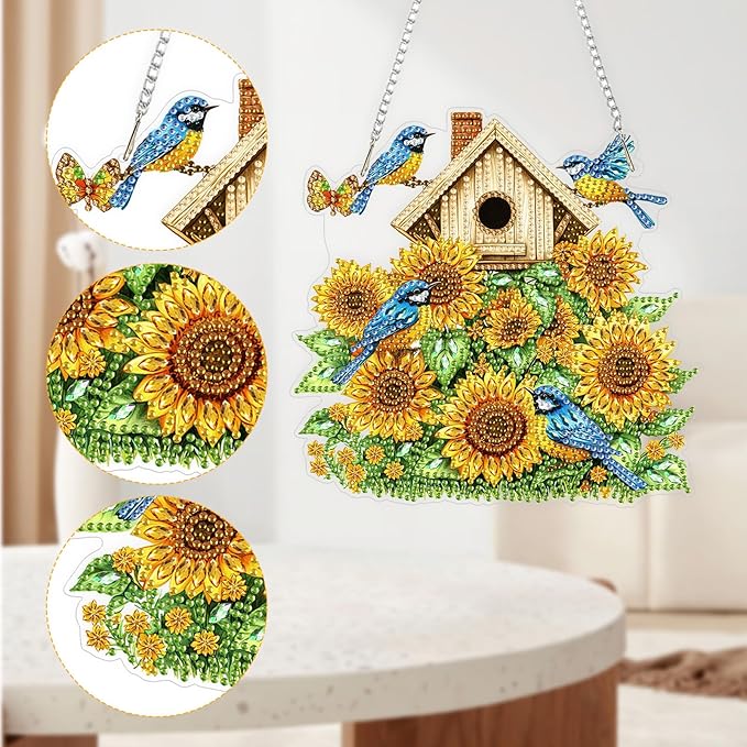 QENSPE Diamond Painting Art Hanging Kits for Adults, 5D Sunflower Diamond Paingting Ornaments with Chain, DIY Blue Birds Crystal Window Pendants for Home Wall Decor Double Sided Gift 8X8 inch
