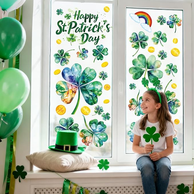 st patricks day window clings for glass windows, saint patrick's day shamrock decor, spring window sticker decal for gifting and holidays, 8 sheets