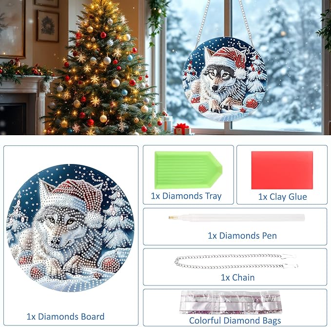 SENQAO Christmas Diamond Art Hanging Kits for Adults Kids, Wolf Diamond Art Suncatchers, 5D Special Shape Diamond Painting Pendant Window Ornament Gifts for Home Door Wall Decor