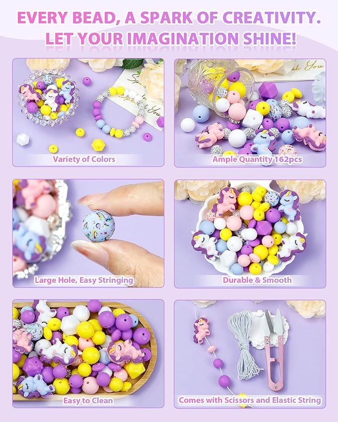 FIVEIZERO 162PCS Silicone Focal Beads for Keychain Making, Animal Unicorn, Round, Lentil, Hexagon, Printed, Rhinestone, Sliver Spacer Beads for Pens, Bracelets & Crafts with Elastic Cord & Scissors