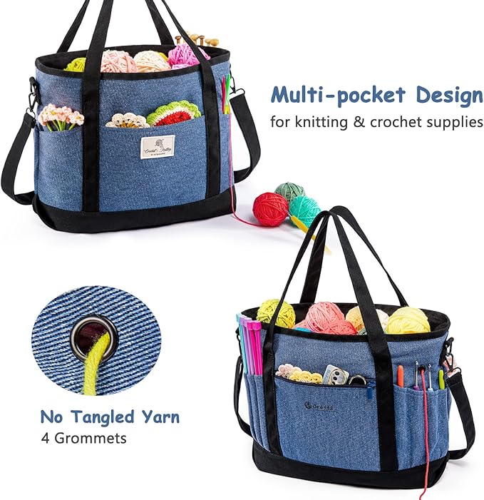 Canvas Yarn Storage Organizer Bag Washable Crochet Bag with Pockets for Yarn, Hooks, Needles – Travel Knitting Tote for Crafters – Gift for Crocheters & Knitters (Medium/Large)