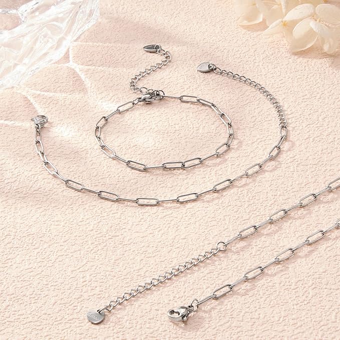 KYUNHOO 10pcs Silver Chain Bracelets Kit Stainless Steel Jewelry Link with Lobster Clasps 6.3 inches Paperclip Chain with Extender for Women Men DIY Bracelet Making Supply Findings