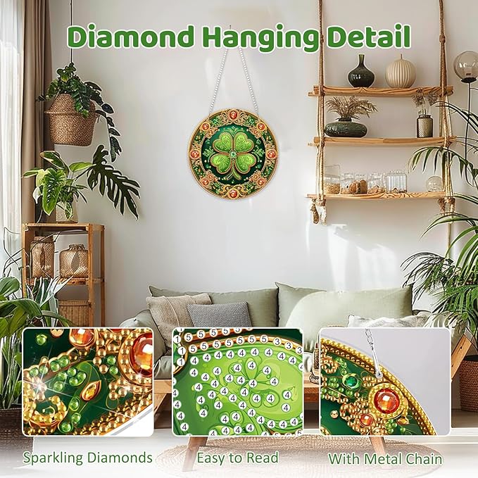 MEIYUDA St. Patrick's Day Hanging Diamond Art Kits for Adult, Lucky Four-Leaf Clover Diamond Painting Kit Ornaments, DIY Special Shaped Rhinestone Window Pendant Kit for Home Garden Wall Decor Gift
