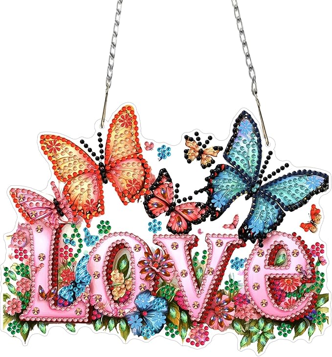 KEYIFA Love Diamond Painting Kit, DIY Butterfly Diamond Art for Adults, Diamonds Pendant Special Shaped Rhinestone Window Hanging Ornaments Home Garden Wall Door Decoration, 20cm Width