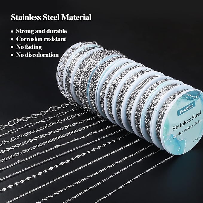ecoofor necklace chain for jewelry making, 95.1 feet 12 rolls stainless steel jewelry chains for diy necklace bracelet making with stainless steel jump rings/lobster clasps/connectors