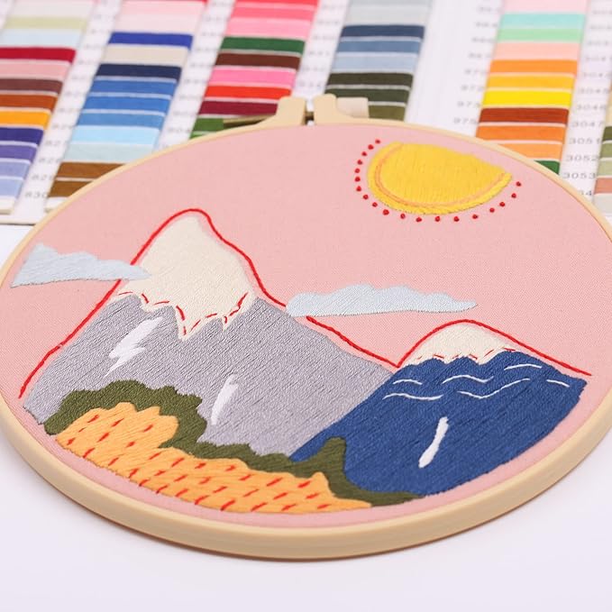 harimau 4pcs beginner embroidery kit,natural landscape pattern,cross stitch kits, including stamped embroidery cloth with 2 embroidery hoops, multicolor color threads for embroidery kits