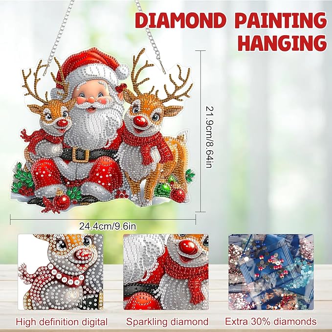 MAXBYE Christmas Diamond Art Kit for Adults, Santa Claus Acrylic Diamonds Painting Hanging Pendant Kit, 5D DIY Elk Gem Art Kit for Home Wall Decor