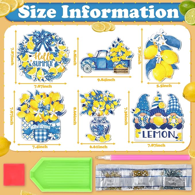 Zonon 6 Pcs Lemon Diamond Art Hanging Sign Decor Summer Capri Lemon Diamond Painting Kits Blue Yellow Adult DIY Craft Art Acrylic Hanging Pendant Ornaments Wreath for Wall Window Home Decorations