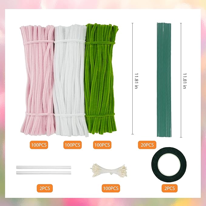 300 Pcs Thick Pipe Cleaners,Craft Supplies Floral Bonquet,DIY Flower Making Kit for Starter with Floral Wires, Gardening Tape,Stamen (Pink+White+Green)